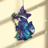 Raccoon Wizard Acrylic Suncatcher, Cute Animal in Hat and Robe with Magic Staff, Fantasy Woodland Window Hanging Home Decor Gift